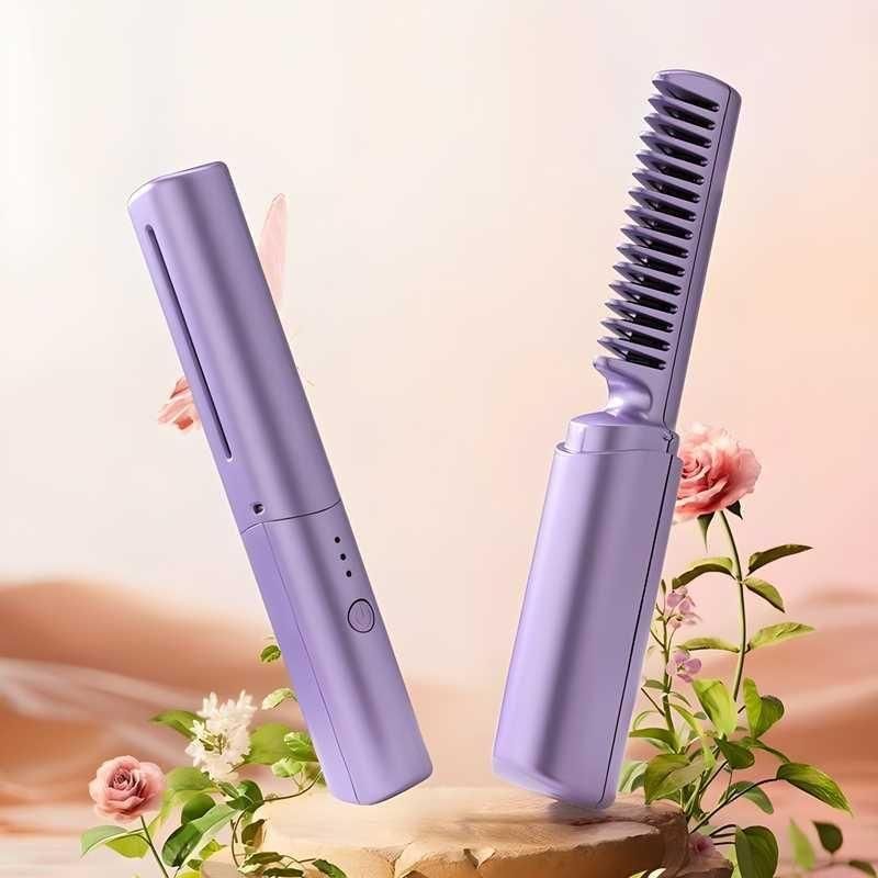 Portable USB Rechargeable Heated Hair Comb – Quick Straightening & Styling Brush (Purple)