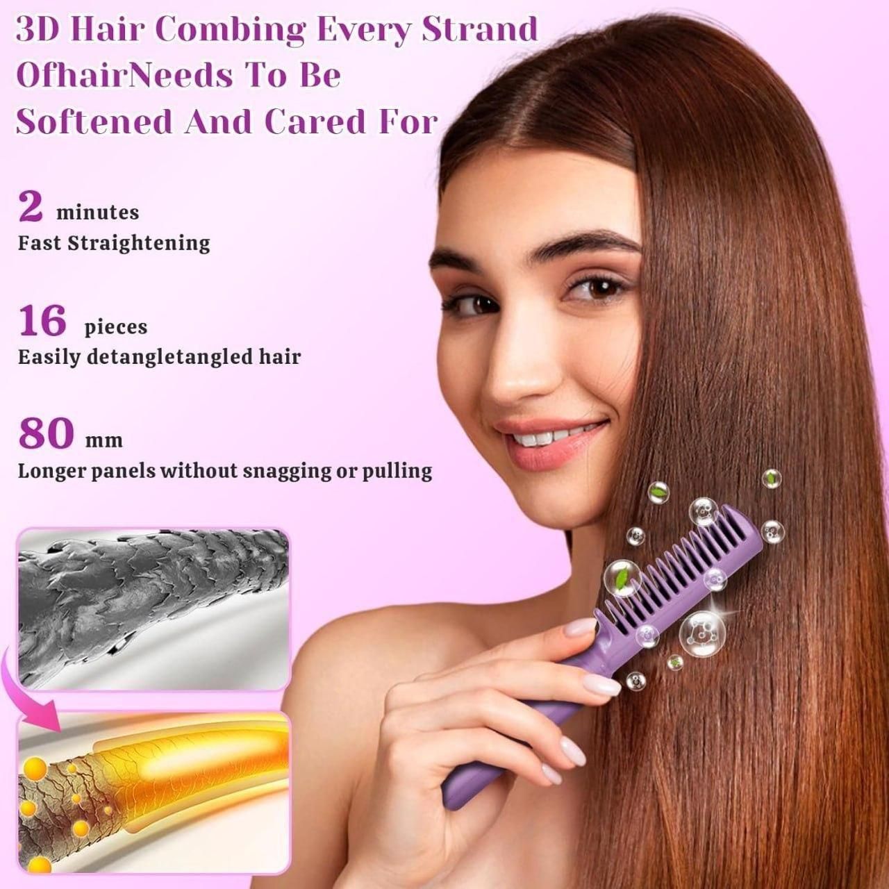 Portable USB Rechargeable Heated Hair Comb – Quick Straightening & Styling Brush (Purple)
