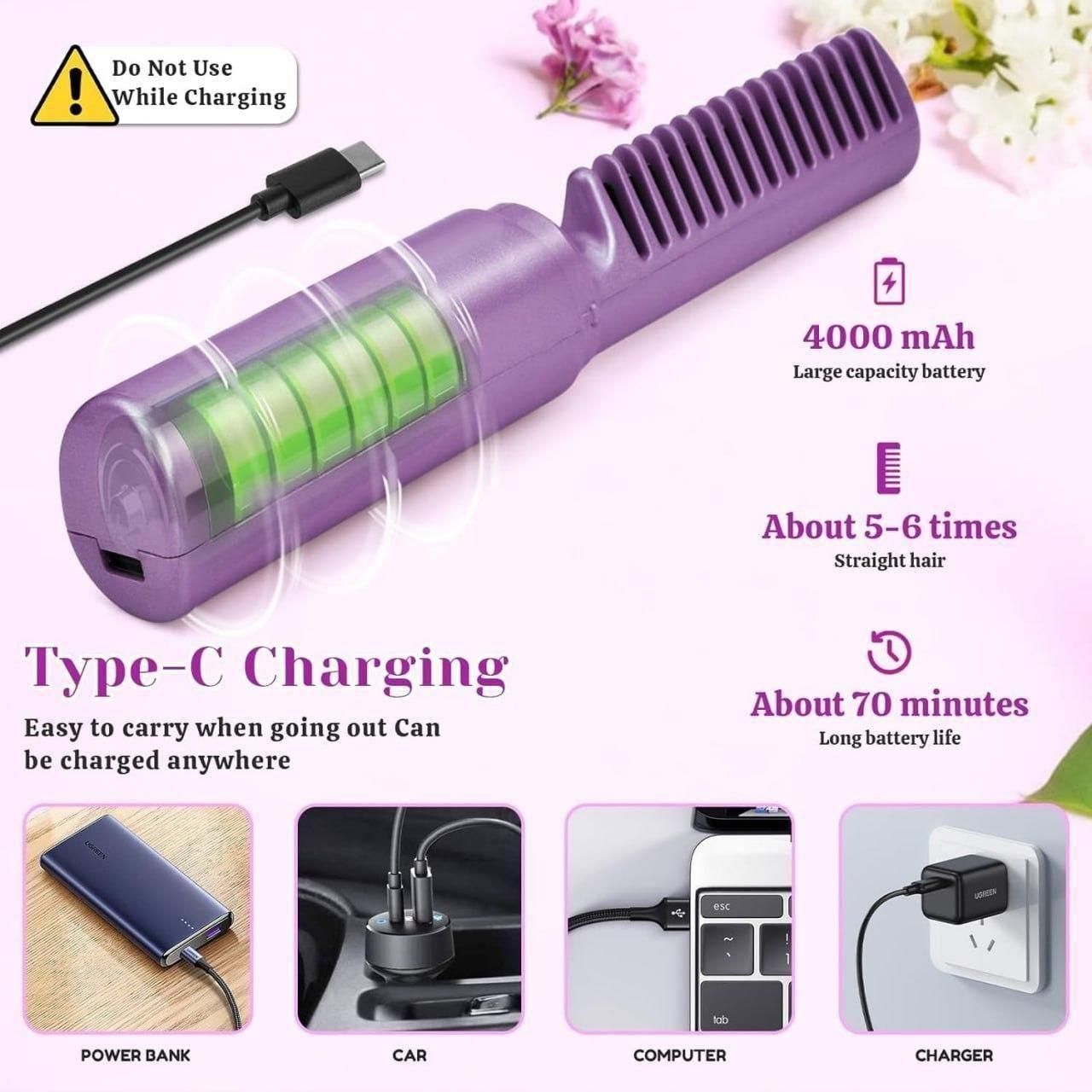 Portable USB Rechargeable Heated Hair Comb – Quick Straightening & Styling Brush (Purple)