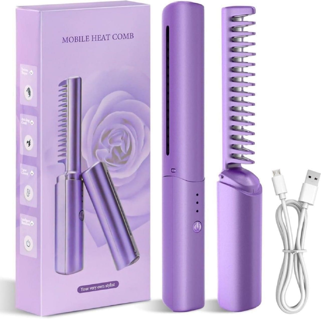 Portable USB Rechargeable Heated Hair Comb – Quick Straightening & Styling Brush (Purple)